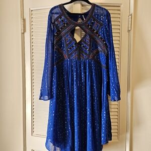 Free People Sparkly Ethnic Party Dress Lined Embriodery Royal Blue Size L